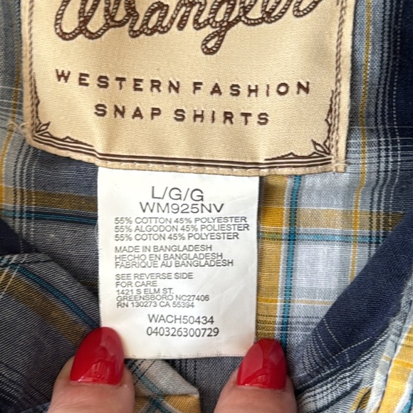 Wrangler Western Men's Yellow and Blue Plaid Pearl Snap Long Sleeve - Picture 3 of 7